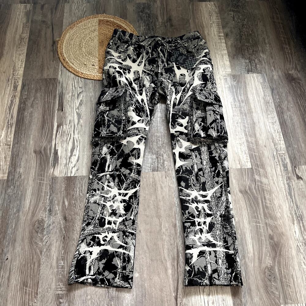 REBEL VENGEANCE Black White Gothic Tapestry Cargo Pants NWT
